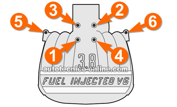Secuencia Del Apriete De Los Tornillos Del Colector Del Múltiple De Admisión 1994-1995 3.8L Ford Mustang (Ford Thunderbird, Mercury Cougar) Secuencia Del Apriete De Los Tornillos Del Colector Del Múltiple De Admisión 1994-1995 3.8L Ford Mustang (Ford Thunderbird, Mercury Cougar)