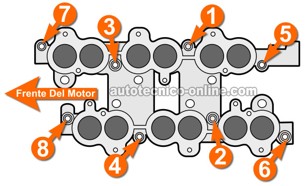 Secuencia Del Apriete De Los Tornillos Del Múltiple De Admisión 1996, 1997, 1998, 1999 3.0L DOHC Ford Taurus Y 3.0L DOHC Mercury Sable Secuencia Del Apriete De Los Tornillos Del Múltiple De Admisión 1996, 1997, 1998, 1999 3.0L DOHC Ford Taurus Y 3.0L DOHC Mercury Sable